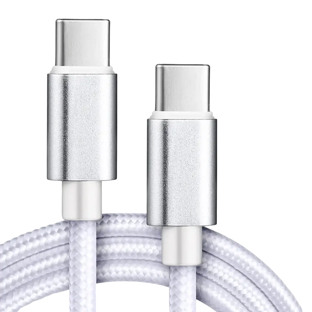 Silver usb c fast charging braided cable with white exterior and metallic connectors for durable data transfer
