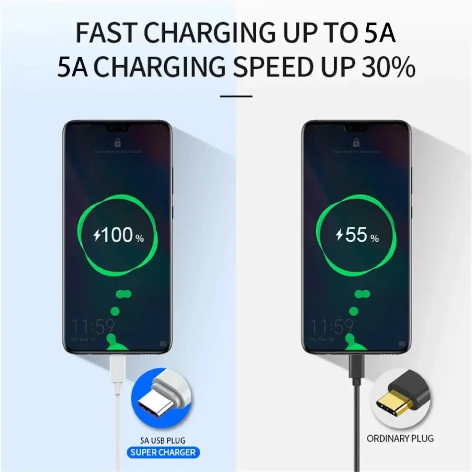 A sleek black usb c fast charging cable 100w 6a with lightning connector and 5a super charger plug for faster charging