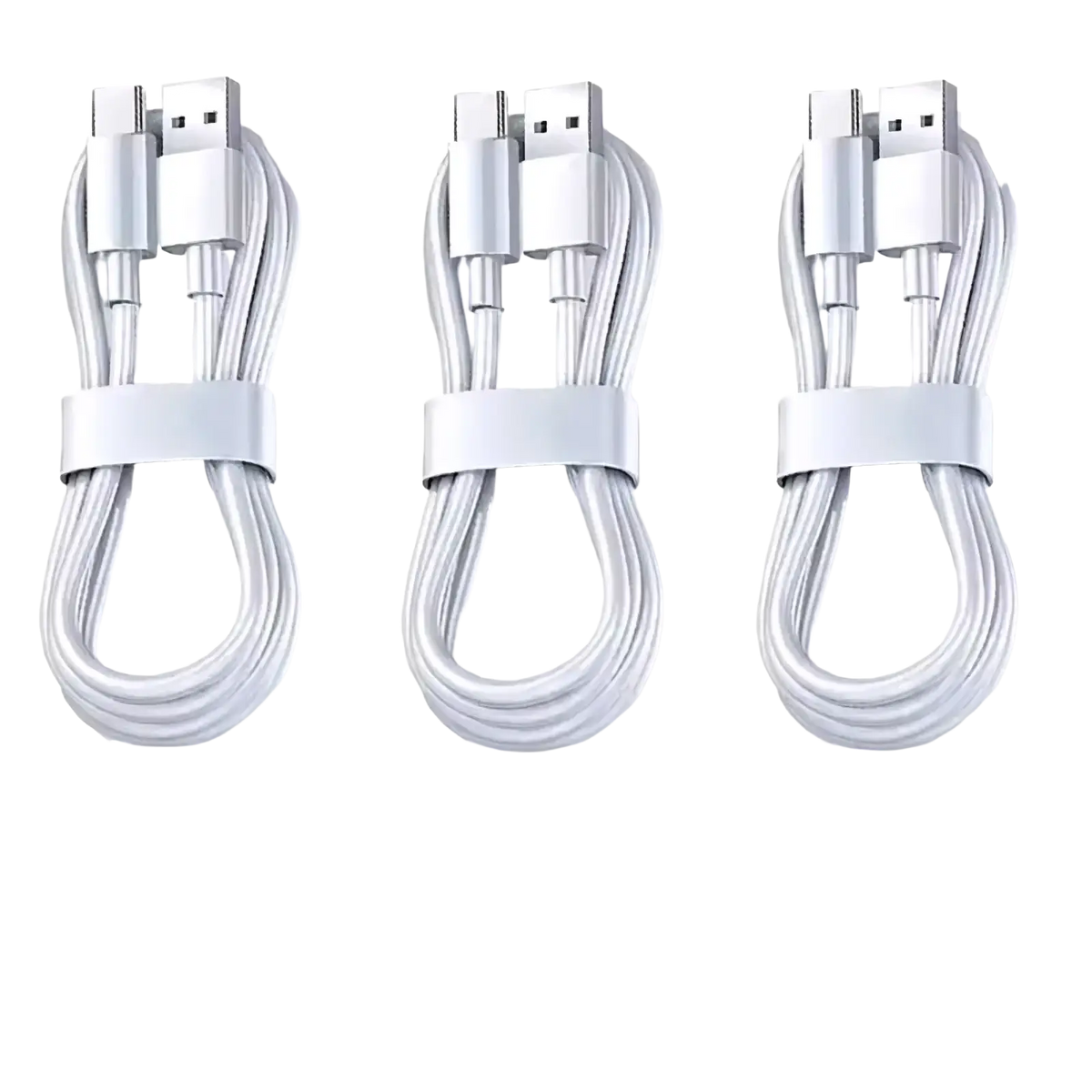 Three white usb c fast charging cables 100w 6a with usb-a and usb-c connectors each 1 meter long