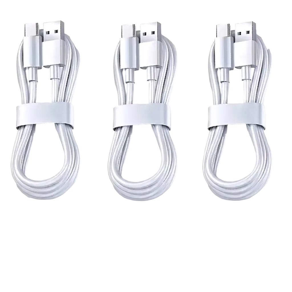 Three white usb c fast charging cables 100w 6a 1.5 meter with usb-a and usb-c connectors bundled together