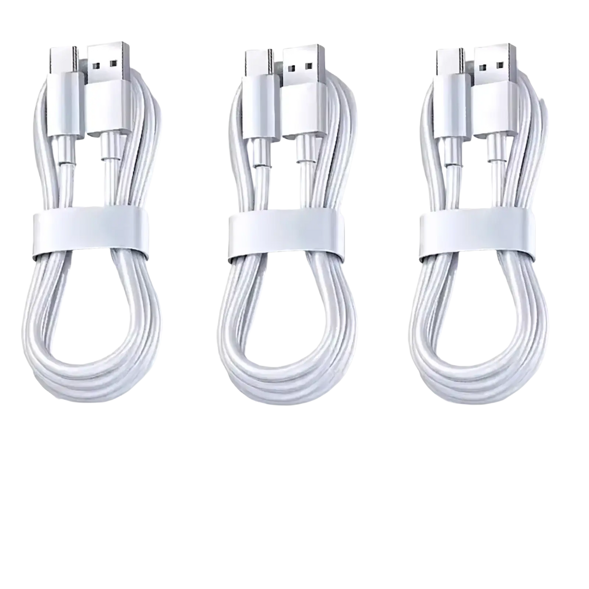 Three white usb c fast charging cables 100w 6a 1.5 meter with usb-a and usb-c connectors bundled together