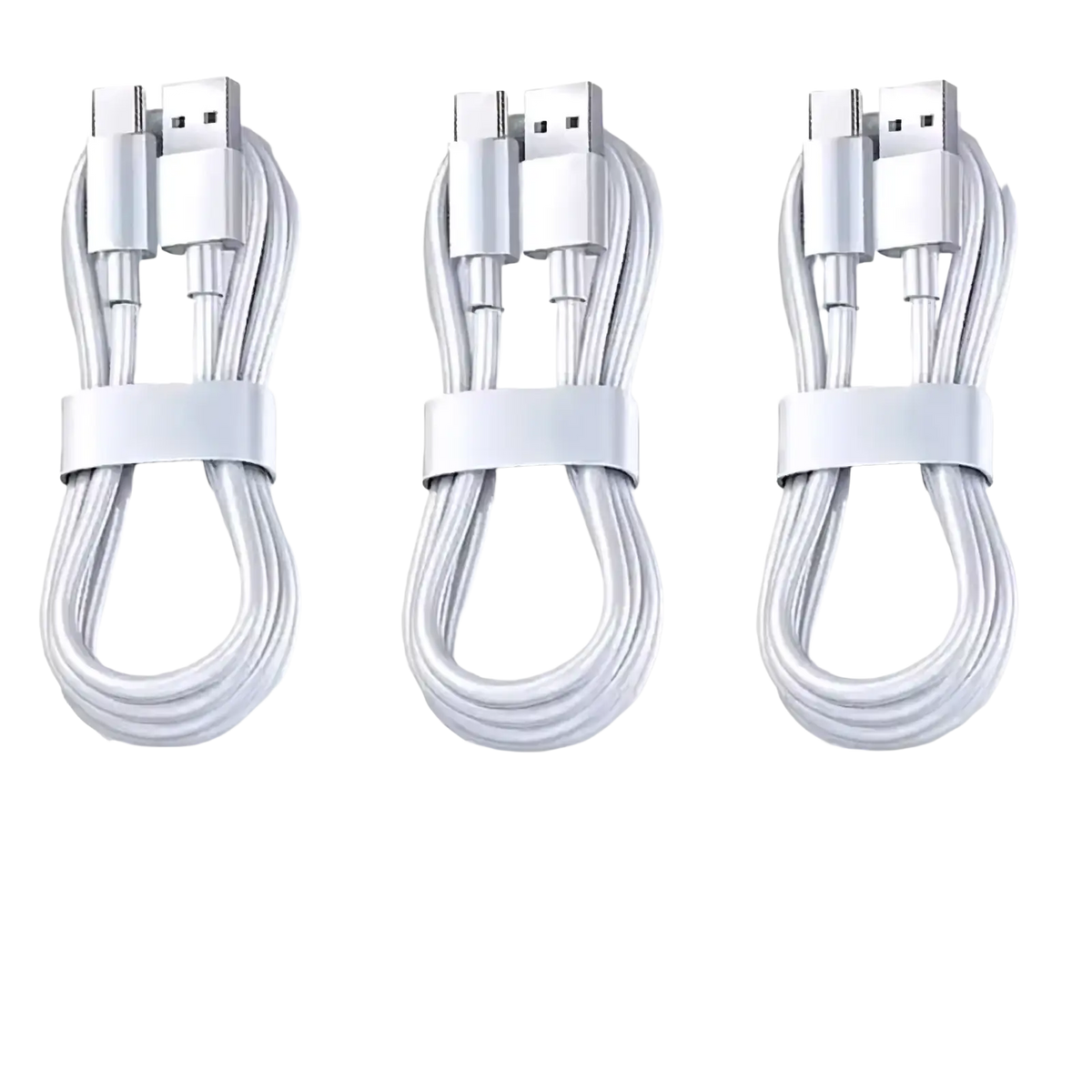 Three white 2 meter usb c fast charging cables 100w 6a with usb a and usb c connectors for high speed charging