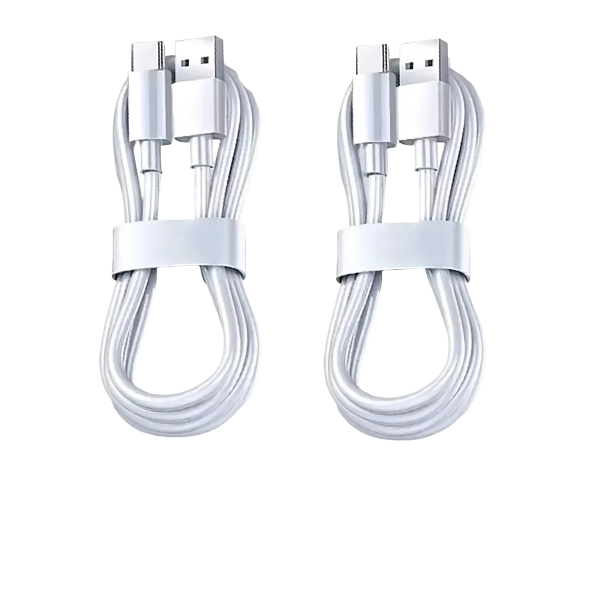 Two white usb-c to usb-a fast charging cables 100w 6a 1 meter long bundled with matching straps