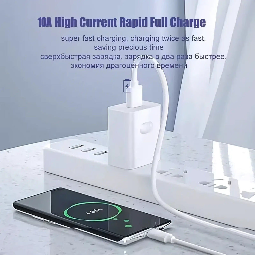 White 10a high current rapid full charge usb c fast charging cable 100w 6a plugged into smartphone charging