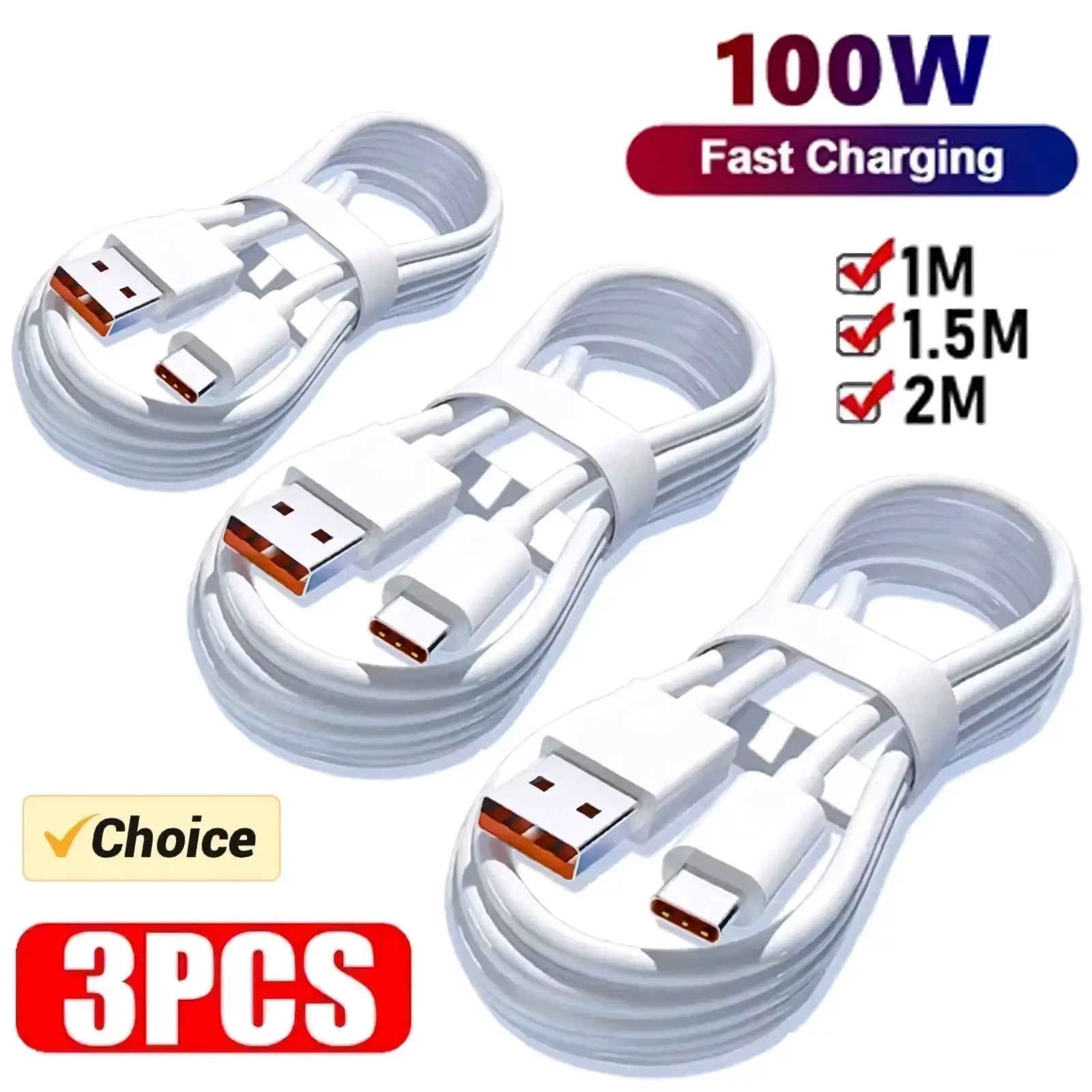 White usb c to usb a charging cables made of durable material supporting 100w 6a fast charging