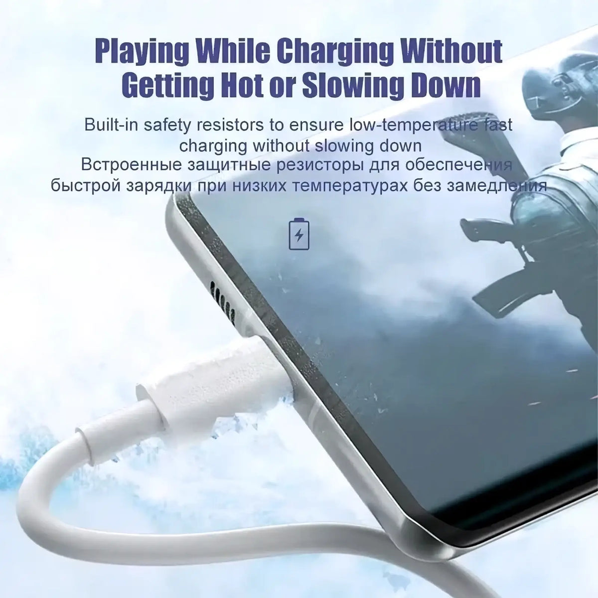 White USB C fast charging cable 100w 6a with sleek rounded connector attached to a smartphone for efficient power delivery