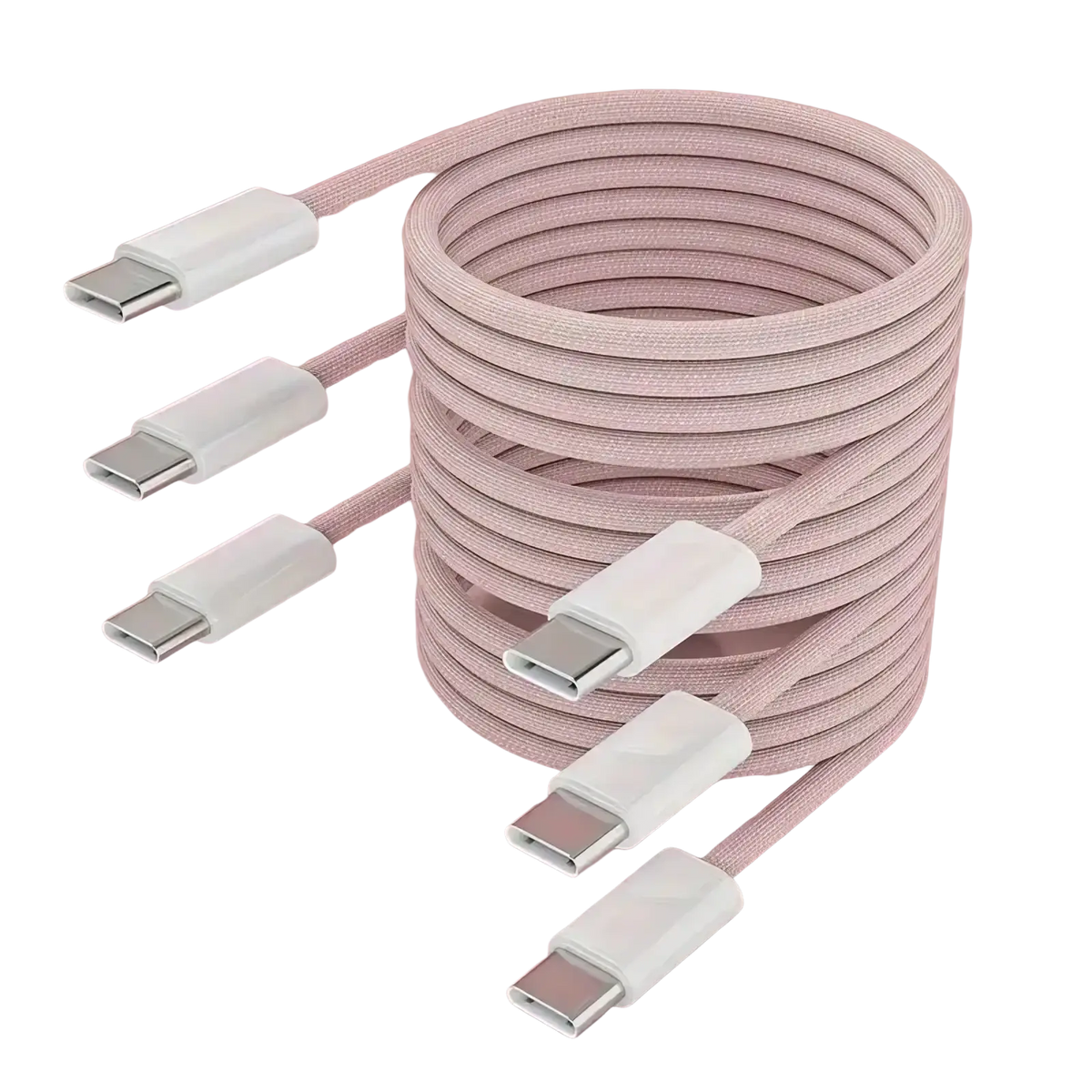 A coiled blush pink braided usb-c fast charging cable with white connectors 60w in a 3 pack set