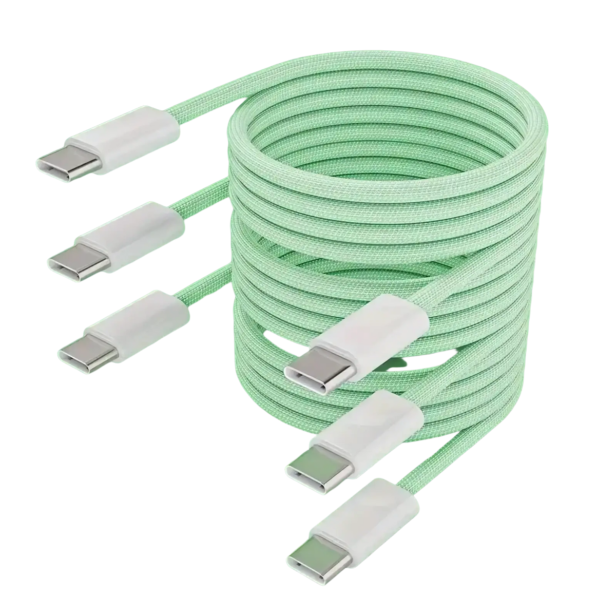 A coiled light green braided usb c fast charging cable with white connectors for 60w power delivery in a 3 pack