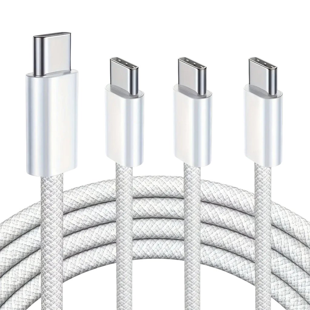 Set of three white braided usb-c fast charging cables with 60w metallic connectors for durable use