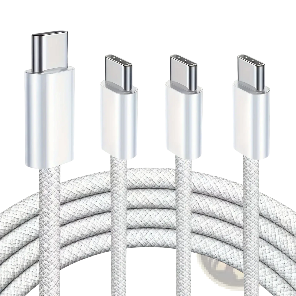 Set of three white braided usb-c fast charging cables with 60w metallic connectors for durable use