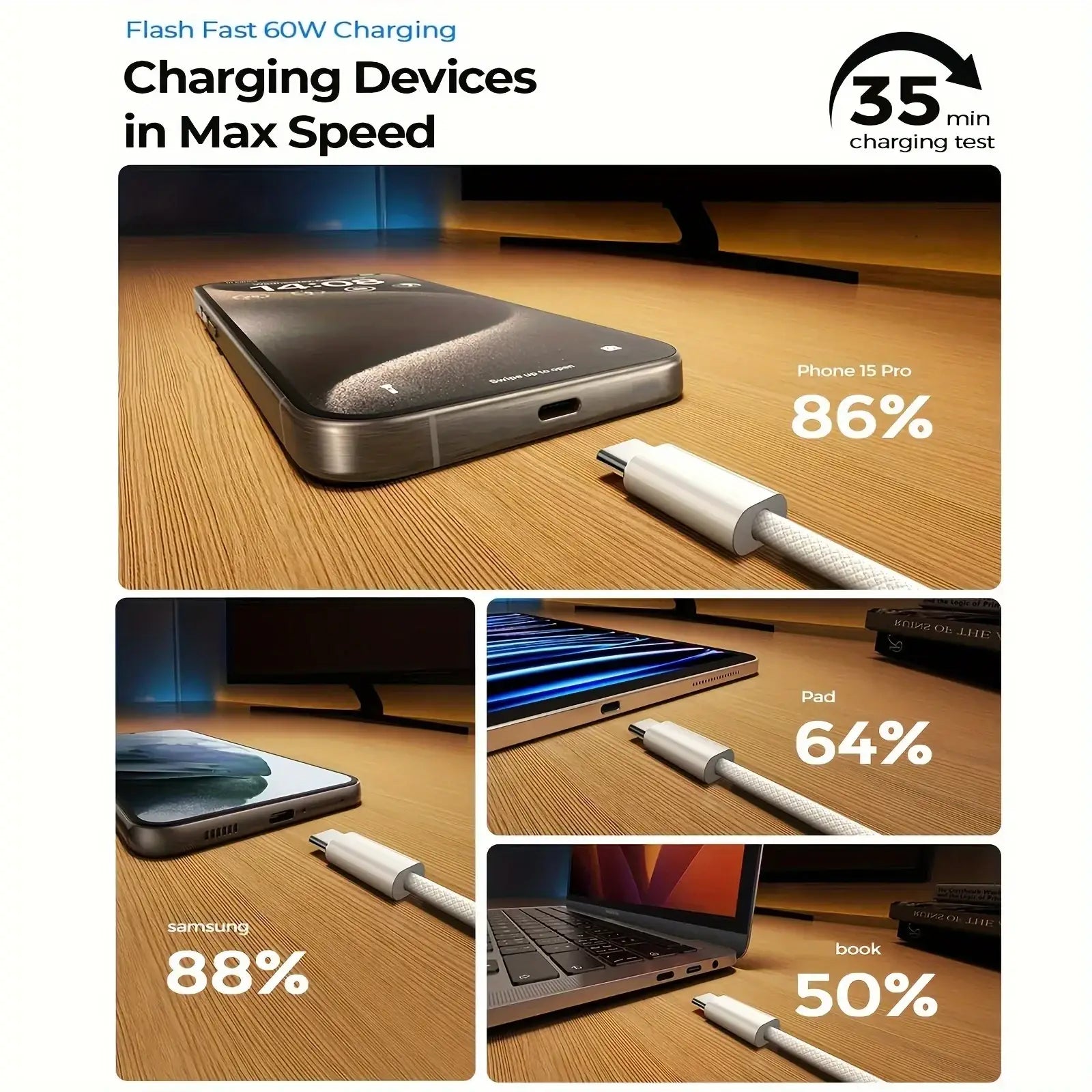 A sleek metallic silver usb c fast charging cable 3 pack 60w with textured white connectors and braided cords