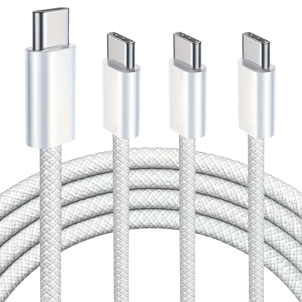 White braided usb c fast charging cable 3 pack with metallic silver connectors supports 60w power delivery