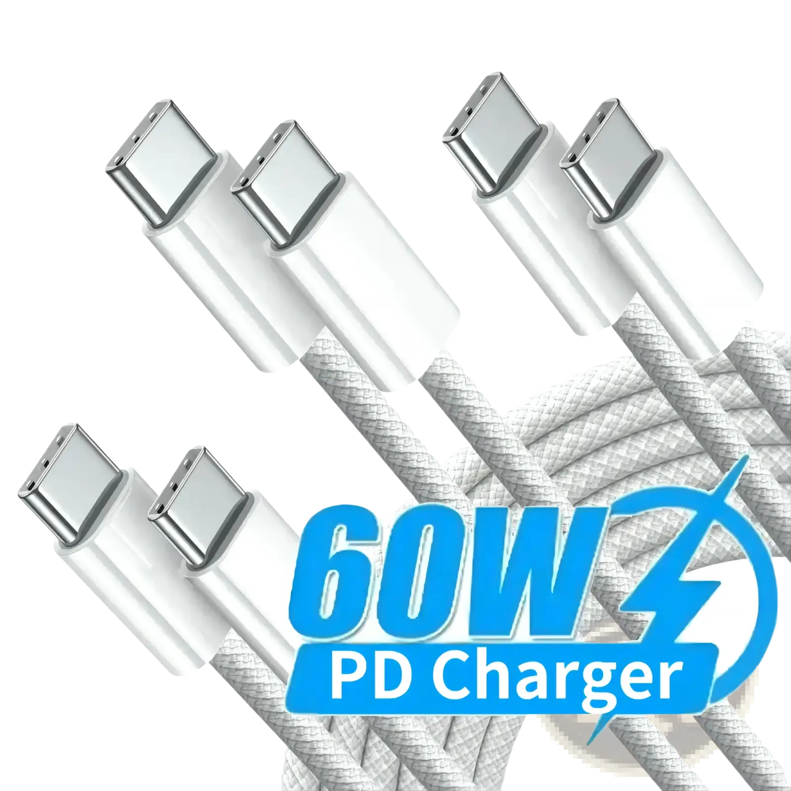 White braided usb-c fast charging cable with silver connectors designed for 60w pd fast charging 3 pack