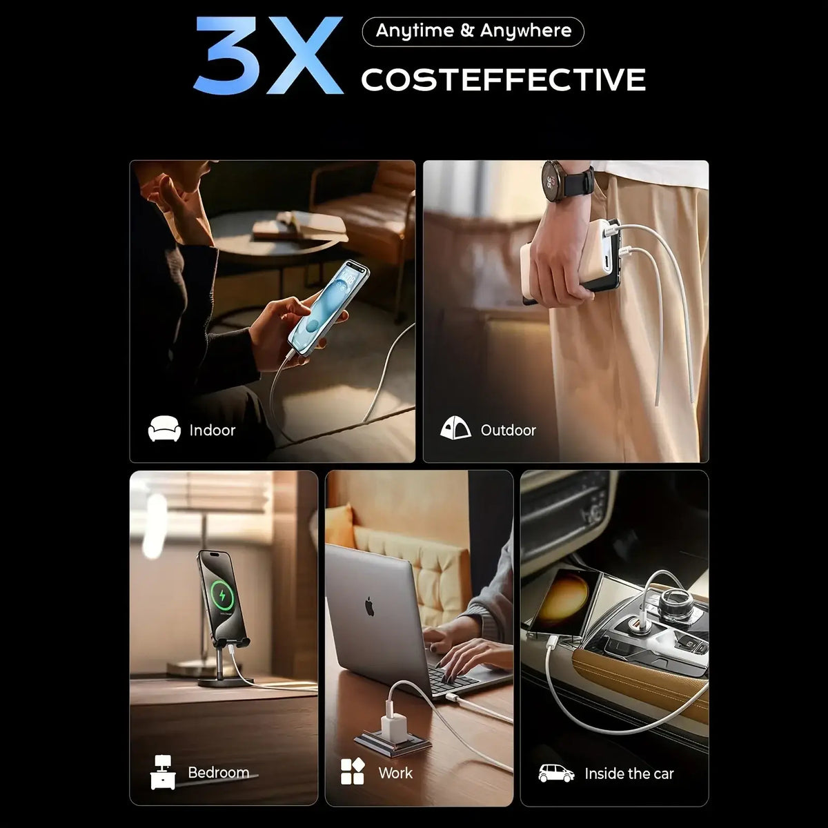 White portable power bank with black accents and sleek compact design featured alongside usb c fast charging cable 3 pack 60w
