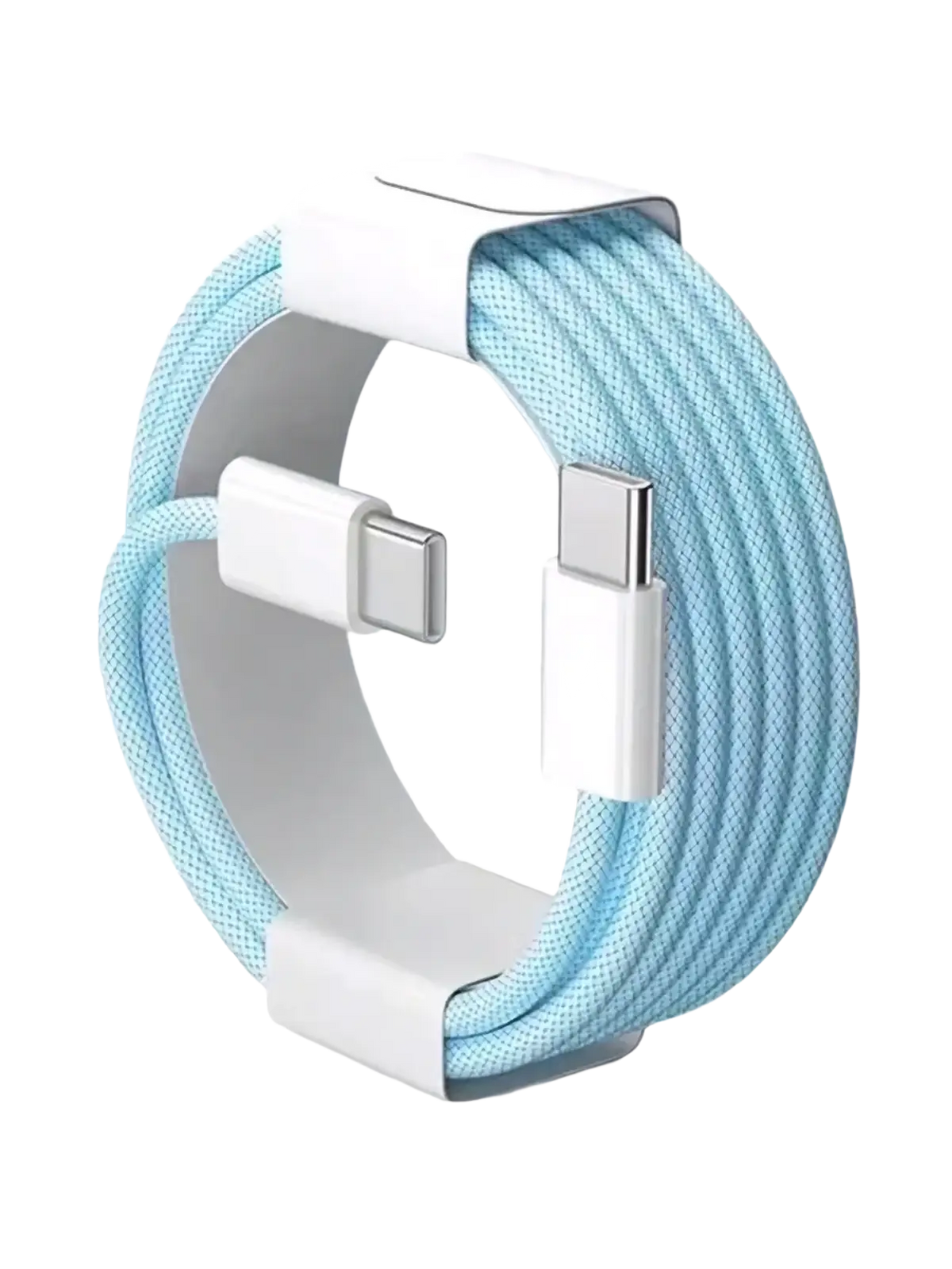 Light blue nylon braided usb-c fast charging cable 6a with white connectors and matching white cord organizer