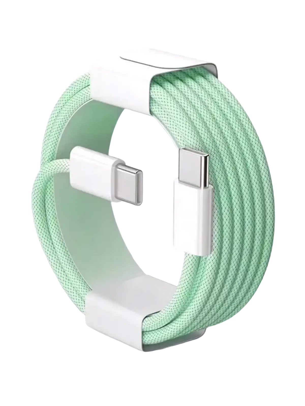 A mint green nylon braided usb-c fast charging cable 6a with white connectors and a matching cord organizer