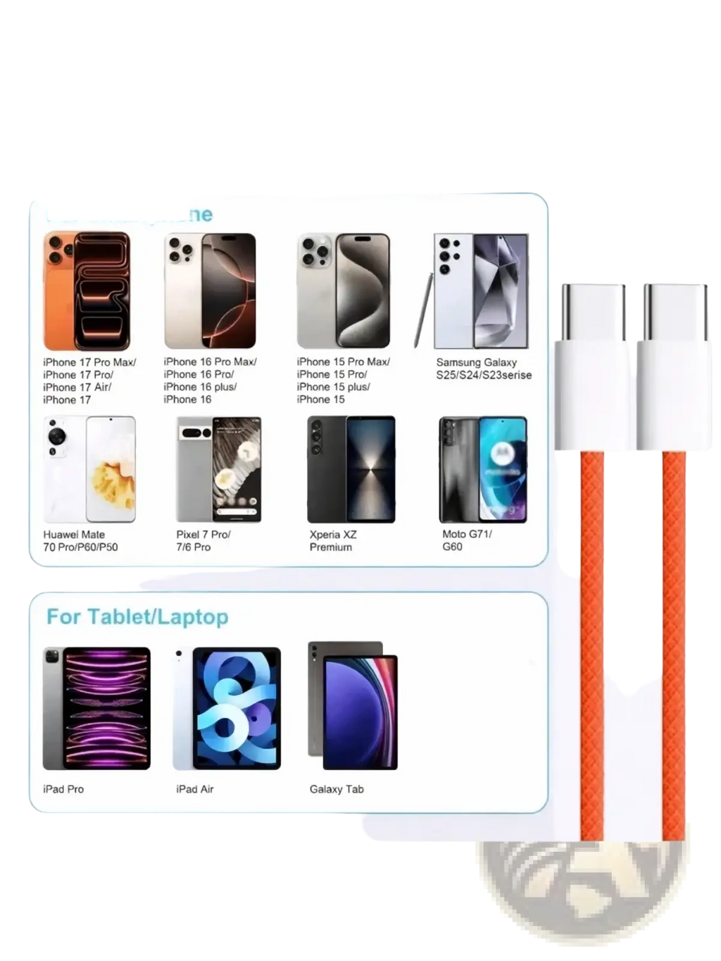 Orange usb-c fast charging cable made of durable nylon braided material supporting 6a current