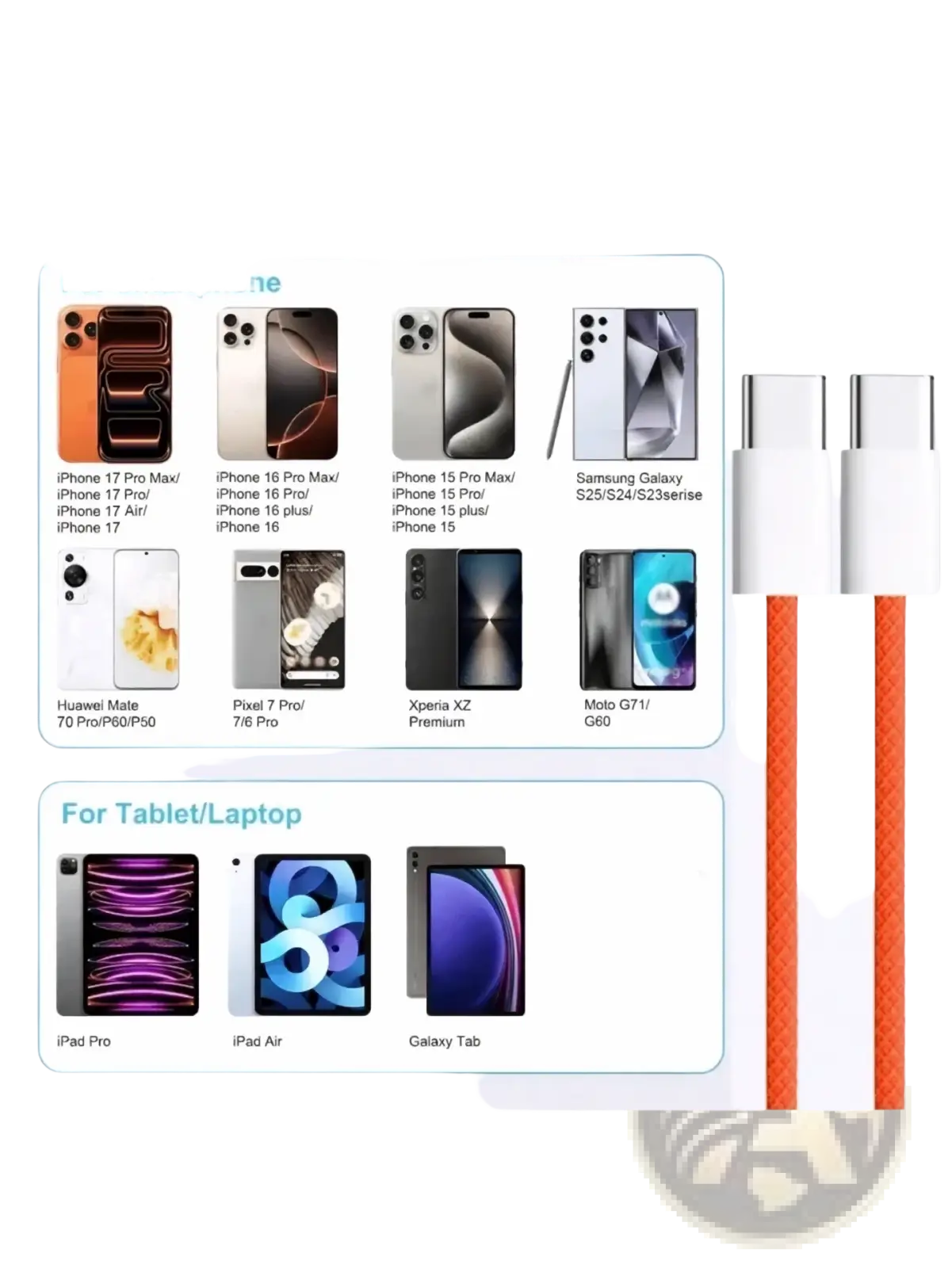 Orange usb-c fast charging cable made of durable nylon braided material supporting 6a current