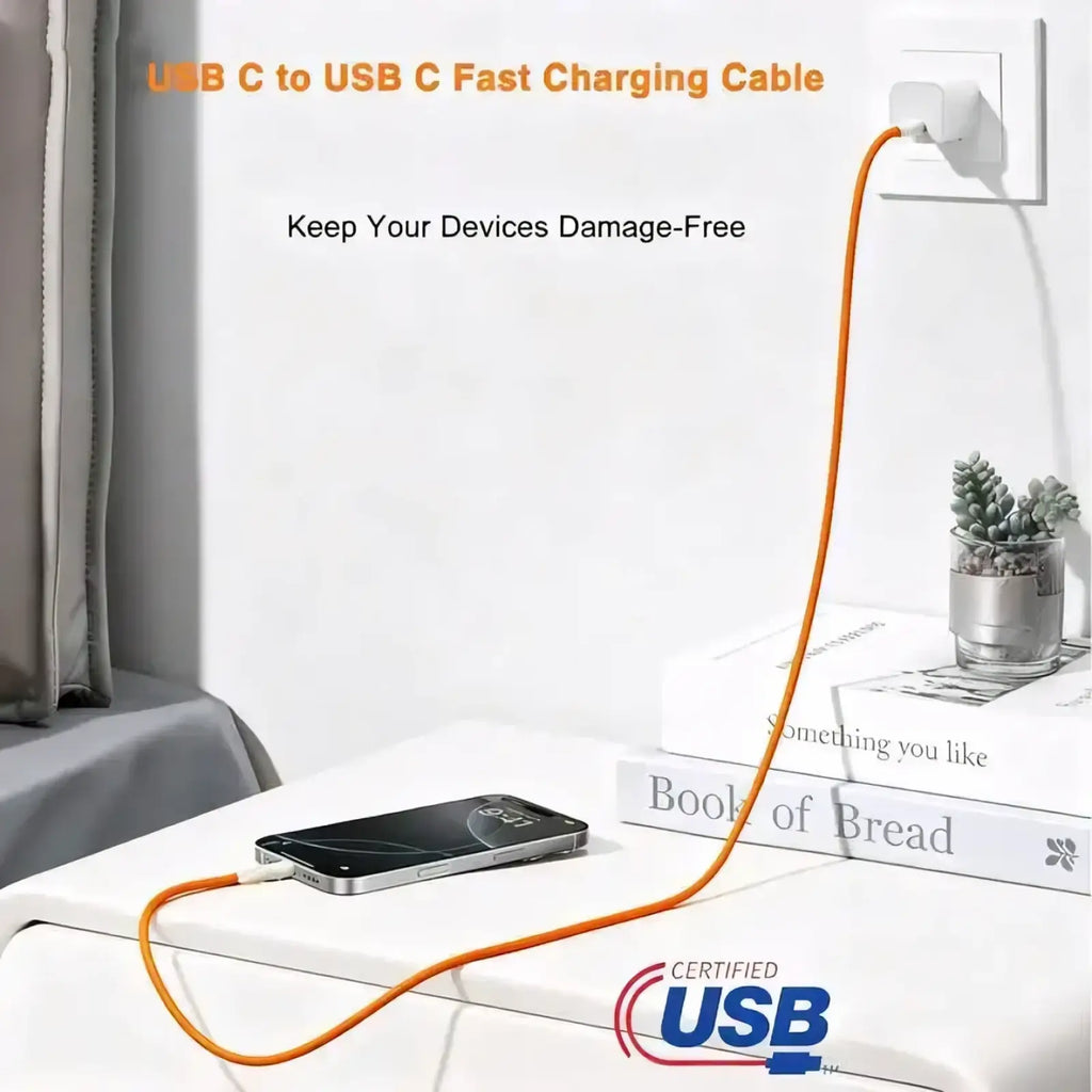 Orange usb-c to usb-c fast charging cable nylon braided 6a designed for durable and efficient power delivery