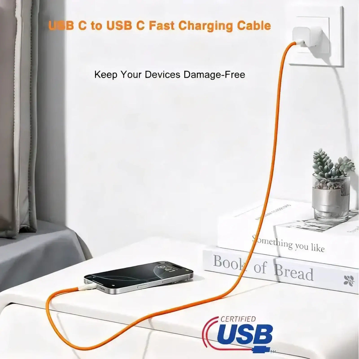 Orange usb-c to usb-c fast charging cable nylon braided 6a designed for durable and efficient power delivery