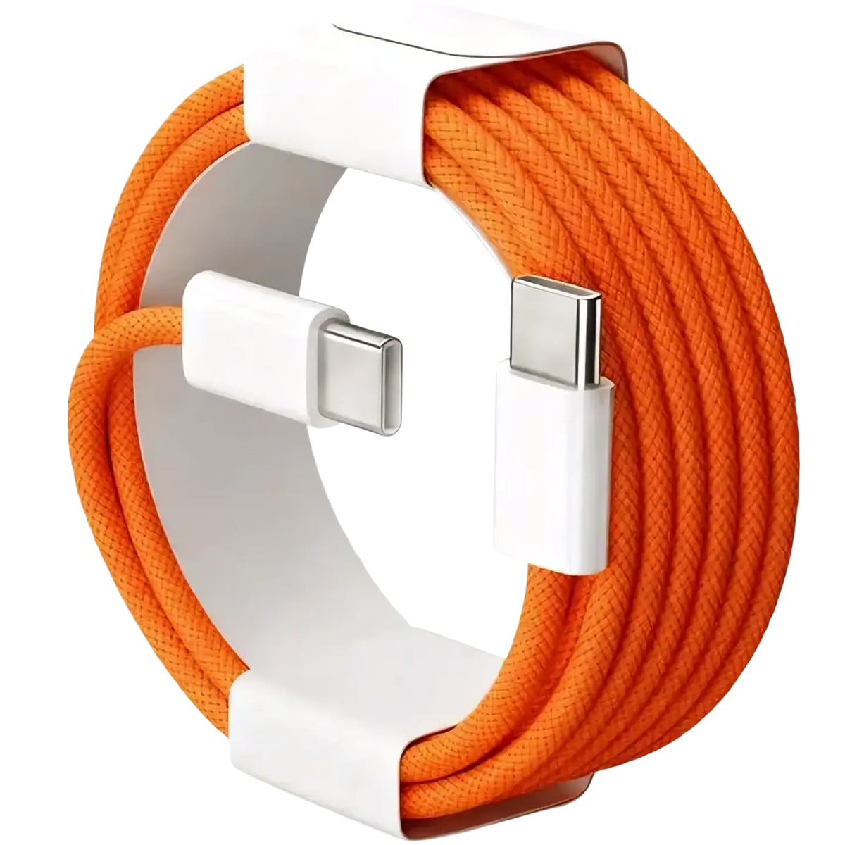 Orange nylon braided usb-c fast charging cable with white connectors and matching white storage holder, 6a capacity