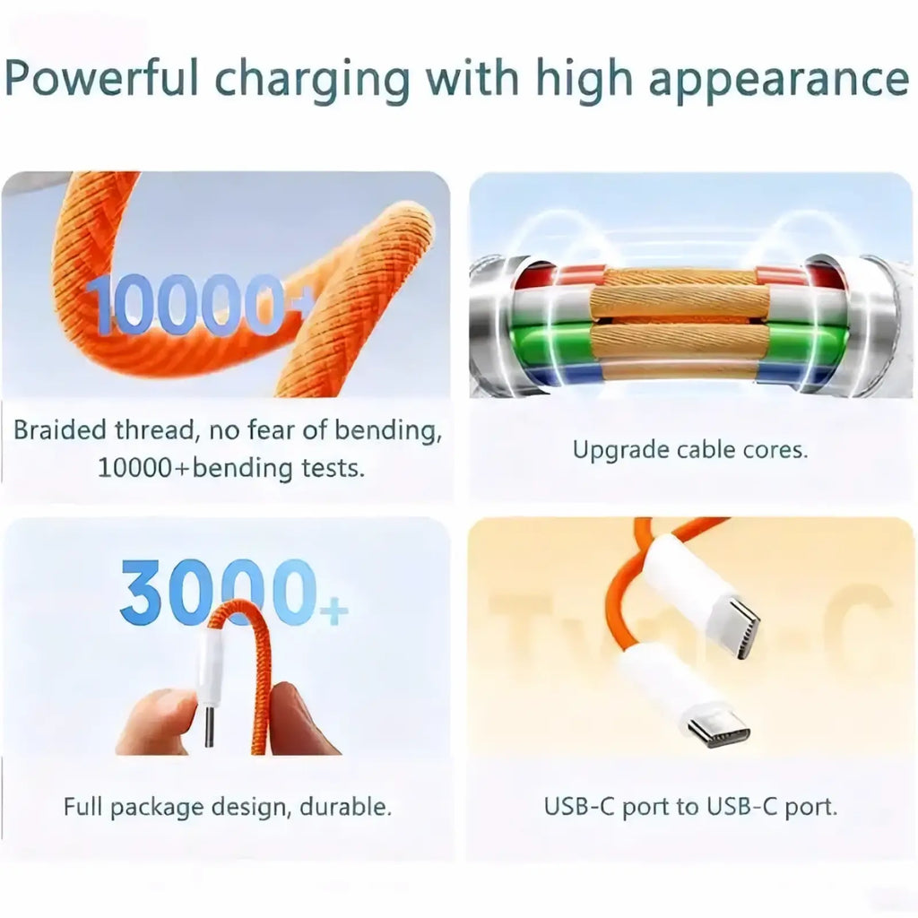 Orange usb-c fast charging cable with nylon braided durable core and white connectors for efficient power delivery
