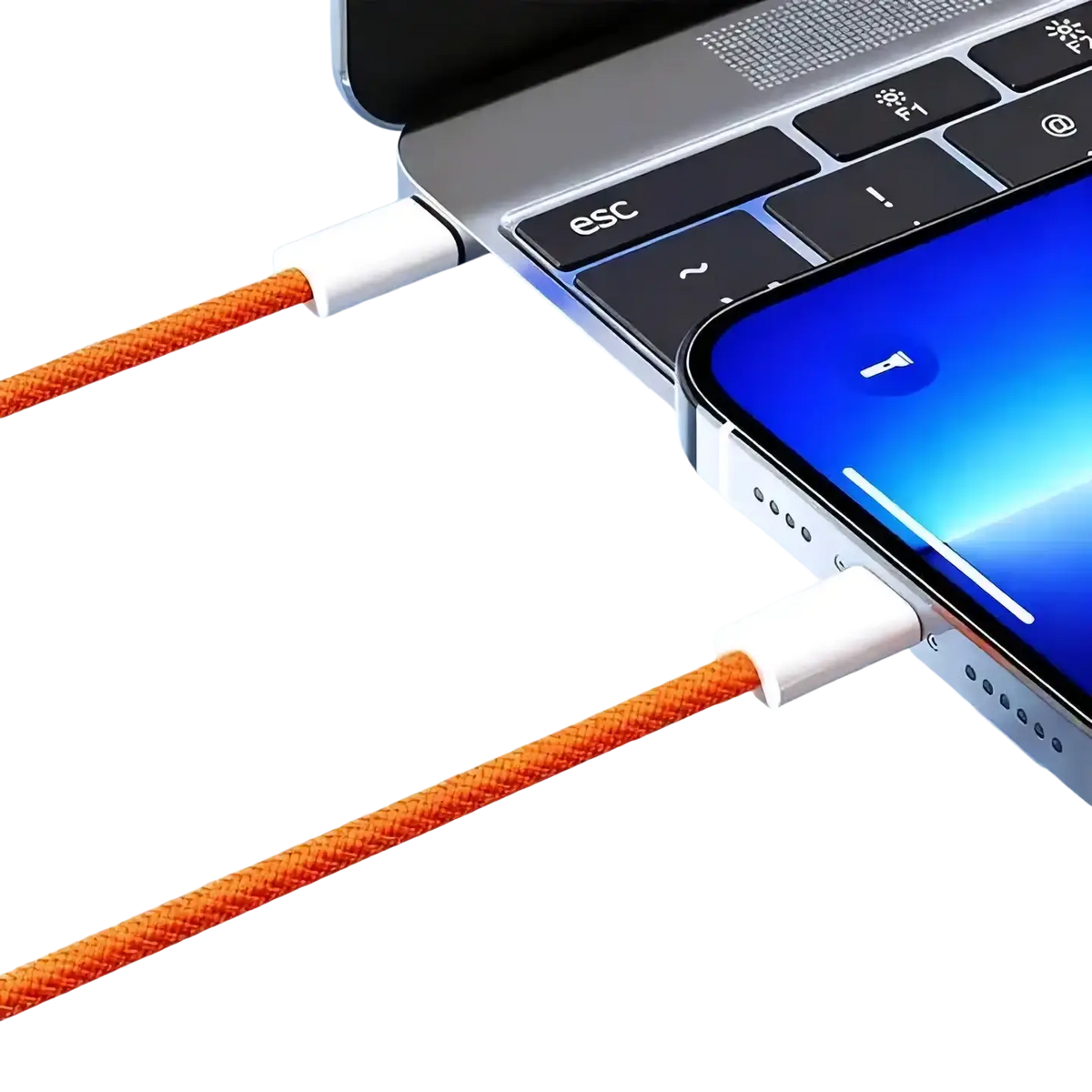 Orange usb-c fast charging cable with white connectors nylon braided durable 6a type-c cable for quick charging