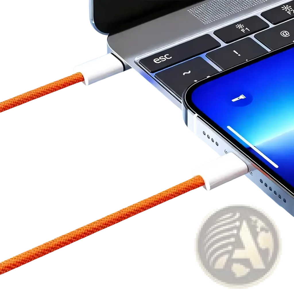 Orange usb-c fast charging cable with white connectors nylon braided durable 6a type-c cable for quick charging