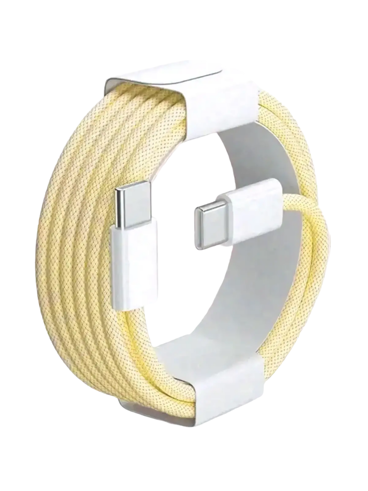 A pale yellow usb-c fast charging cable with white connectors and nylon braided design supporting 6a current