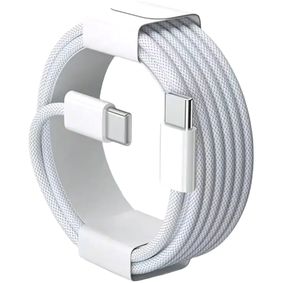 White nylon braided usb-c to usb-c fast charging cable with metallic connectors and white plastic clip for durable use