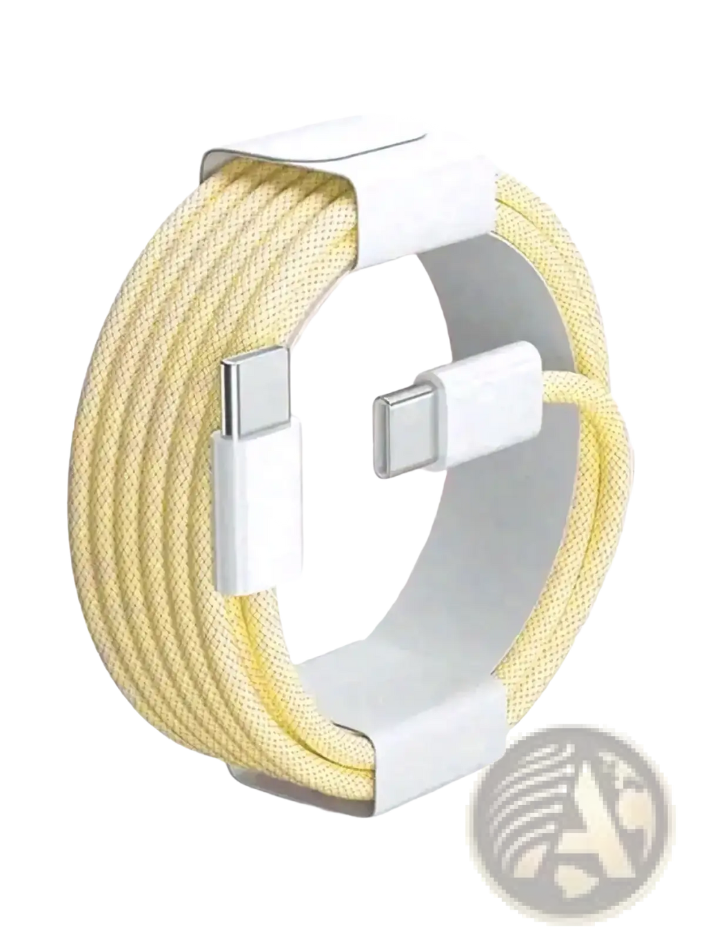 A pale yellow usb-c fast charging cable with white connectors and nylon braided design supporting 6a current