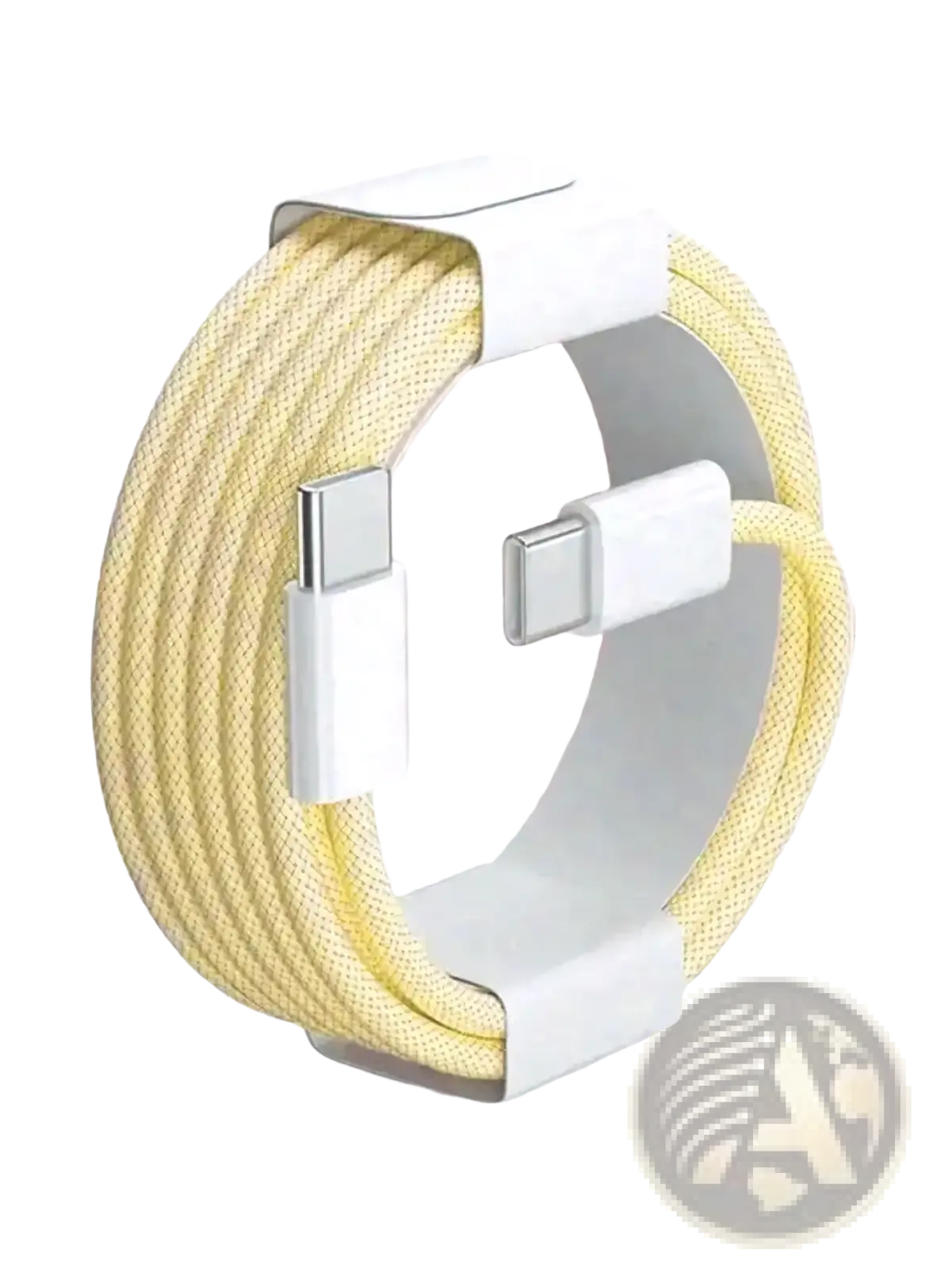 A pale yellow usb-c fast charging cable with white connectors and nylon braided design supporting 6a current
