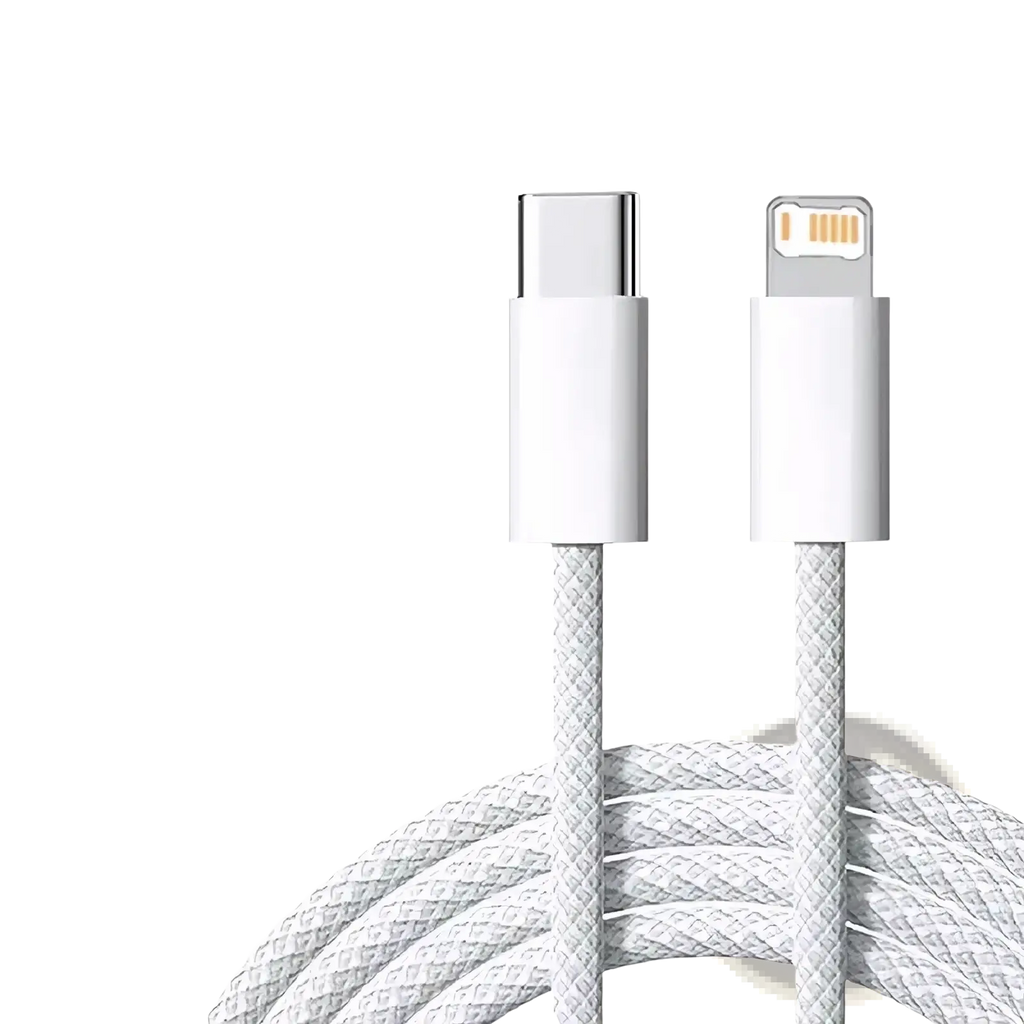 White braided usb-c to lightning fast charge cable for iphone rated at 35w pd fast charge available in 1m and 2m lengths