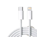 White braided usb-c to lightning fast charge cable for iphone rated at 35w pd fast charge available in 1m and 2m lengths