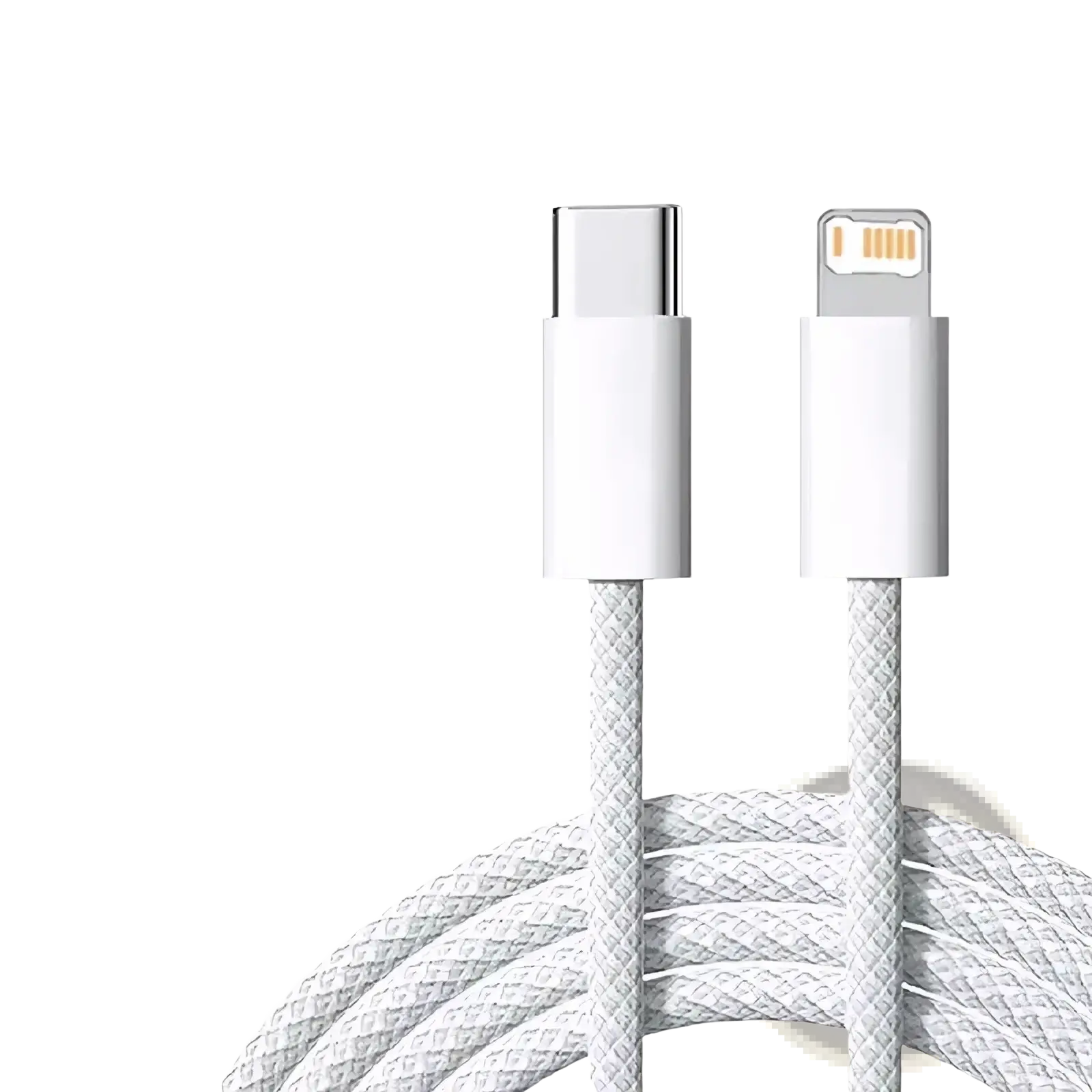 White braided usb-c to lightning fast charge cable for iphone rated at 35w pd fast charge available in 1m and 2m lengths