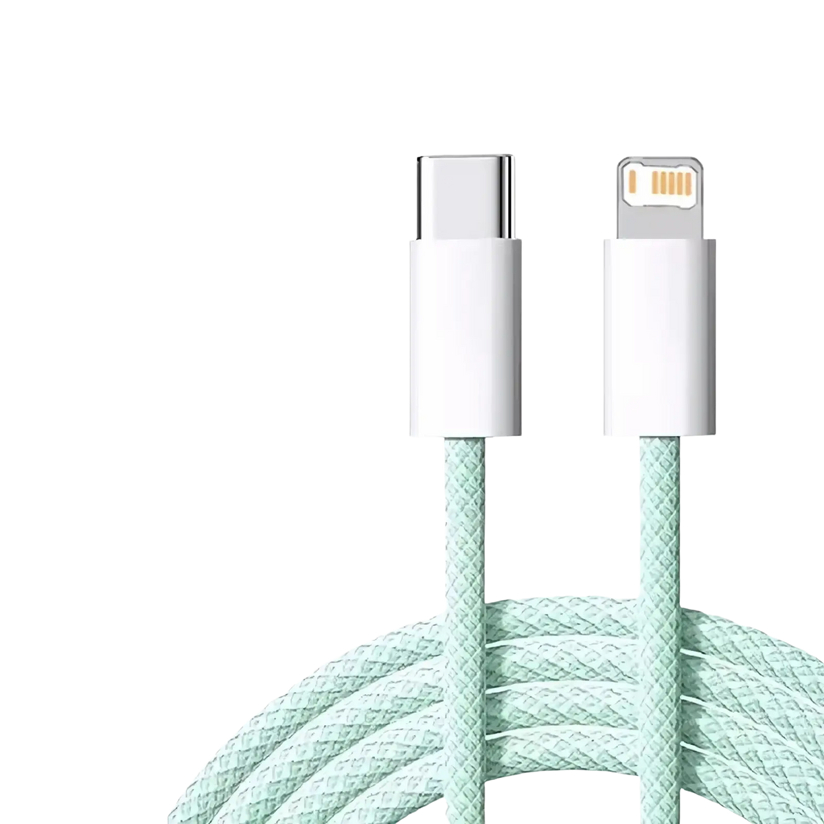 Light green braided usb-c to lightning fast charge cable for iPhone available in 1m and 2m lengths