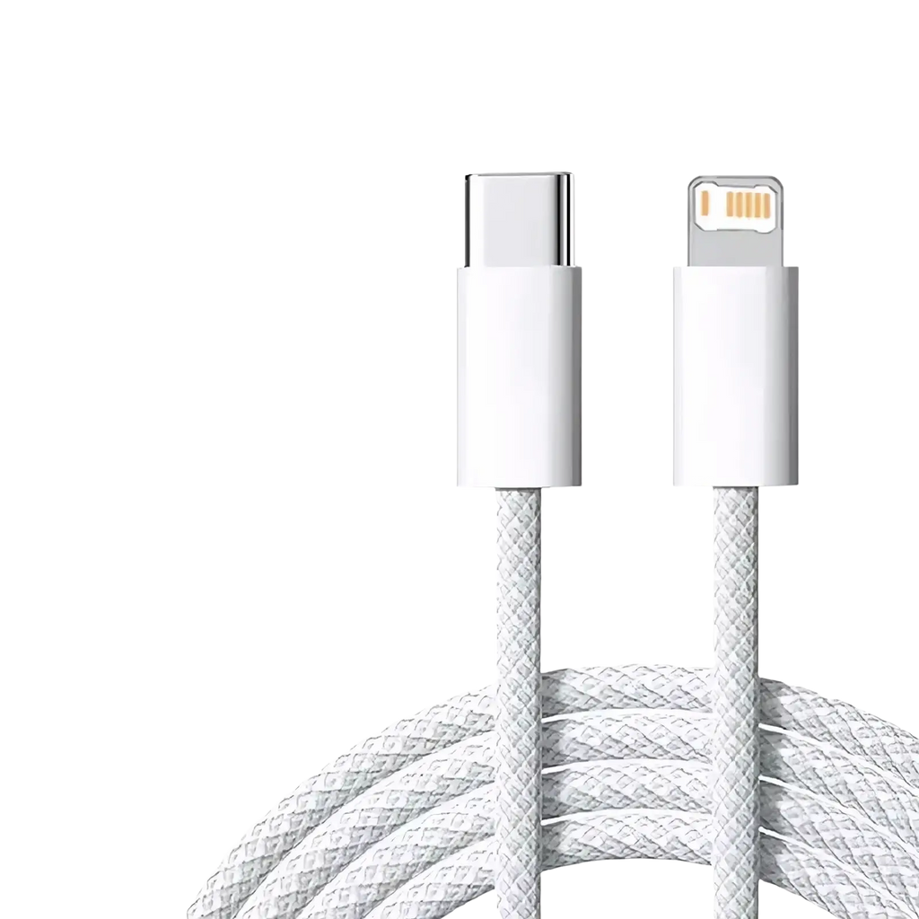White braided usb-c to lightning fast charge cable for iphone rated at 35w pd fast charge available in 1m and 2m lengths