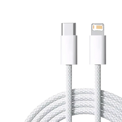 White braided usb-c to lightning fast charge cable for iphone rated at 35w pd fast charge available in 1m and 2m lengths