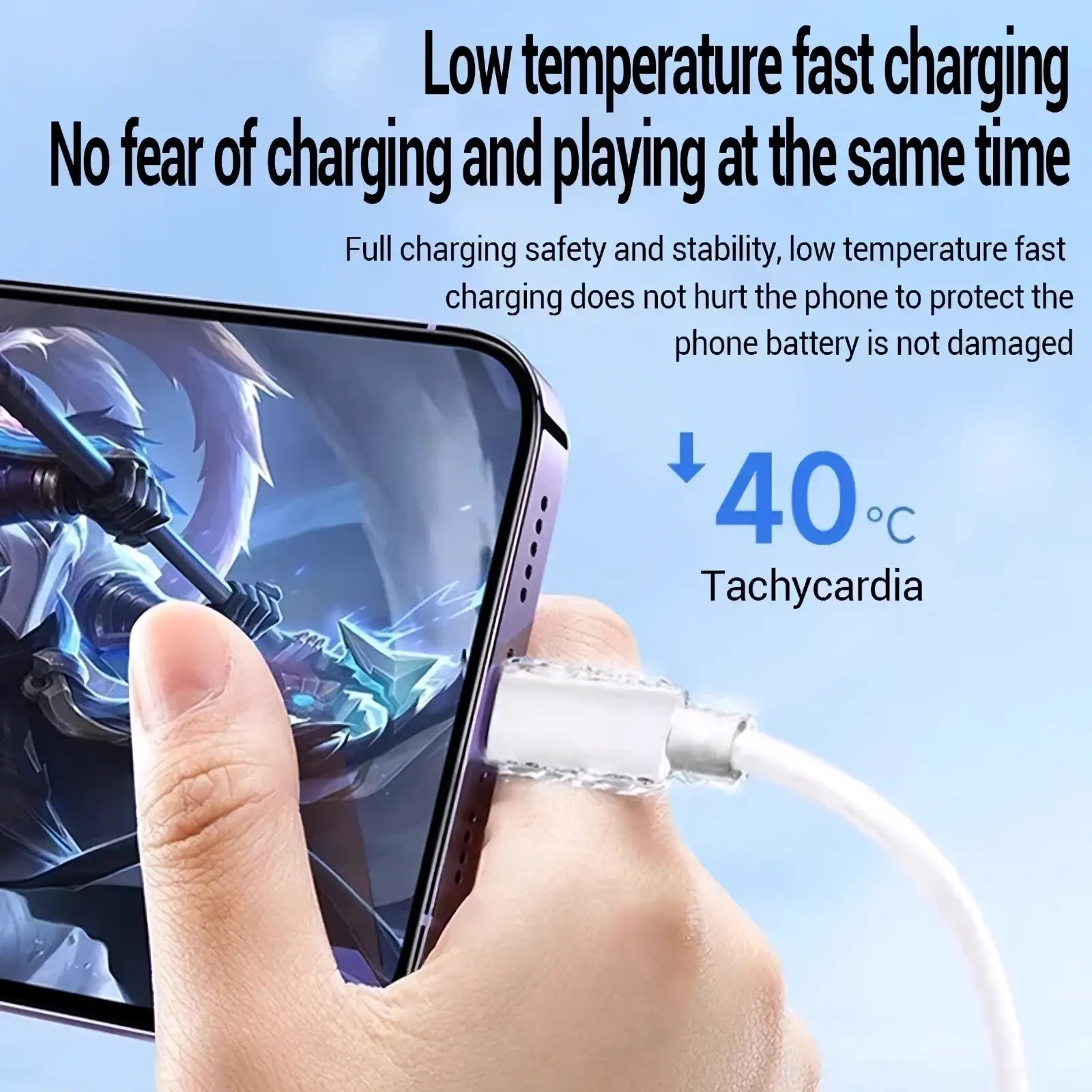 Usb c to lightning fast charging cable featuring a white cable with a clear textured connector charging a smartphone