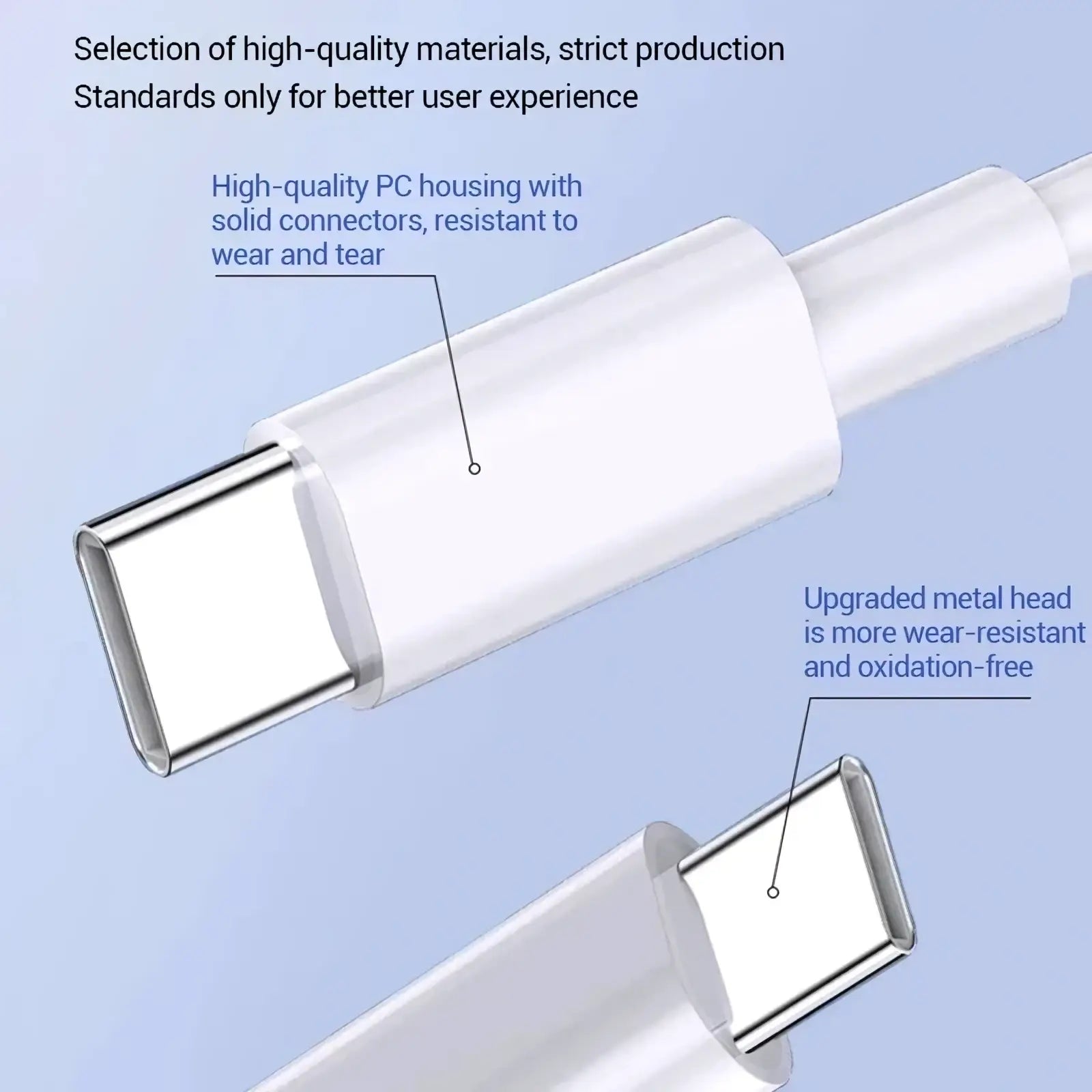 White usb-c to lightning fast charging cable with metallic connector head and solid pc housing for durability