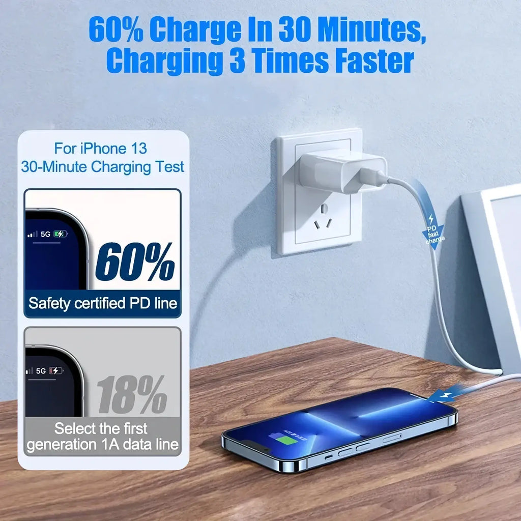 White wall-mounted usb c to lightning fast charging cable with blue cord charging iphone 13 on wooden surface