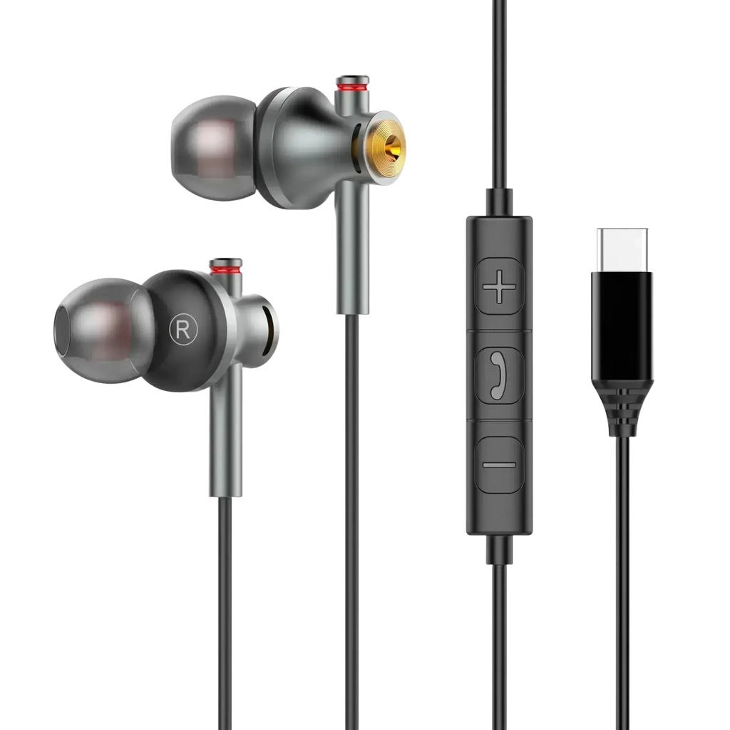 Silver usb c wired in ear gaming headphones with gold accents and black inline control for volume call and play pause