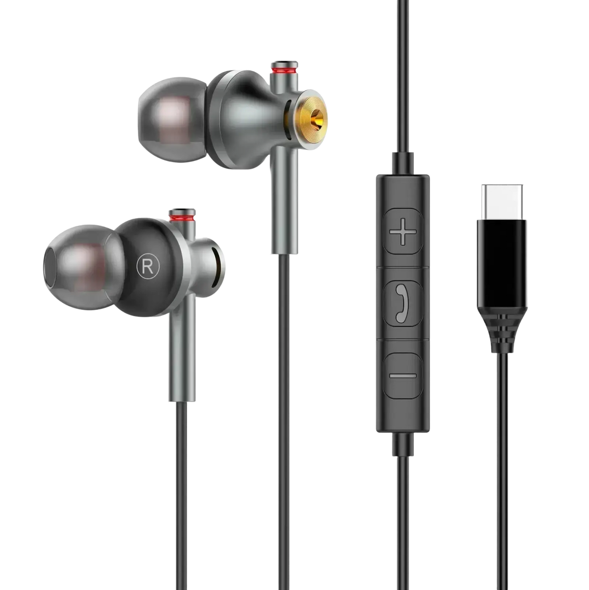 Silver usb c wired in ear gaming headphones with gold accents and black inline control for volume call and play pause