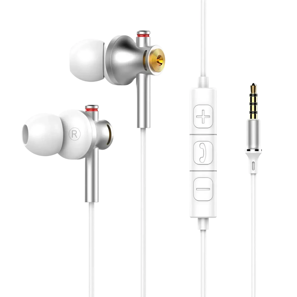 Silver and white usb c wired ear gaming headphones with metallic accents and gold audio ports with mic