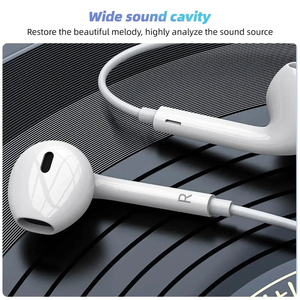 White usb c wired in-ear headphones with mic featuring a sleek glossy finish and right ear marking on the stem