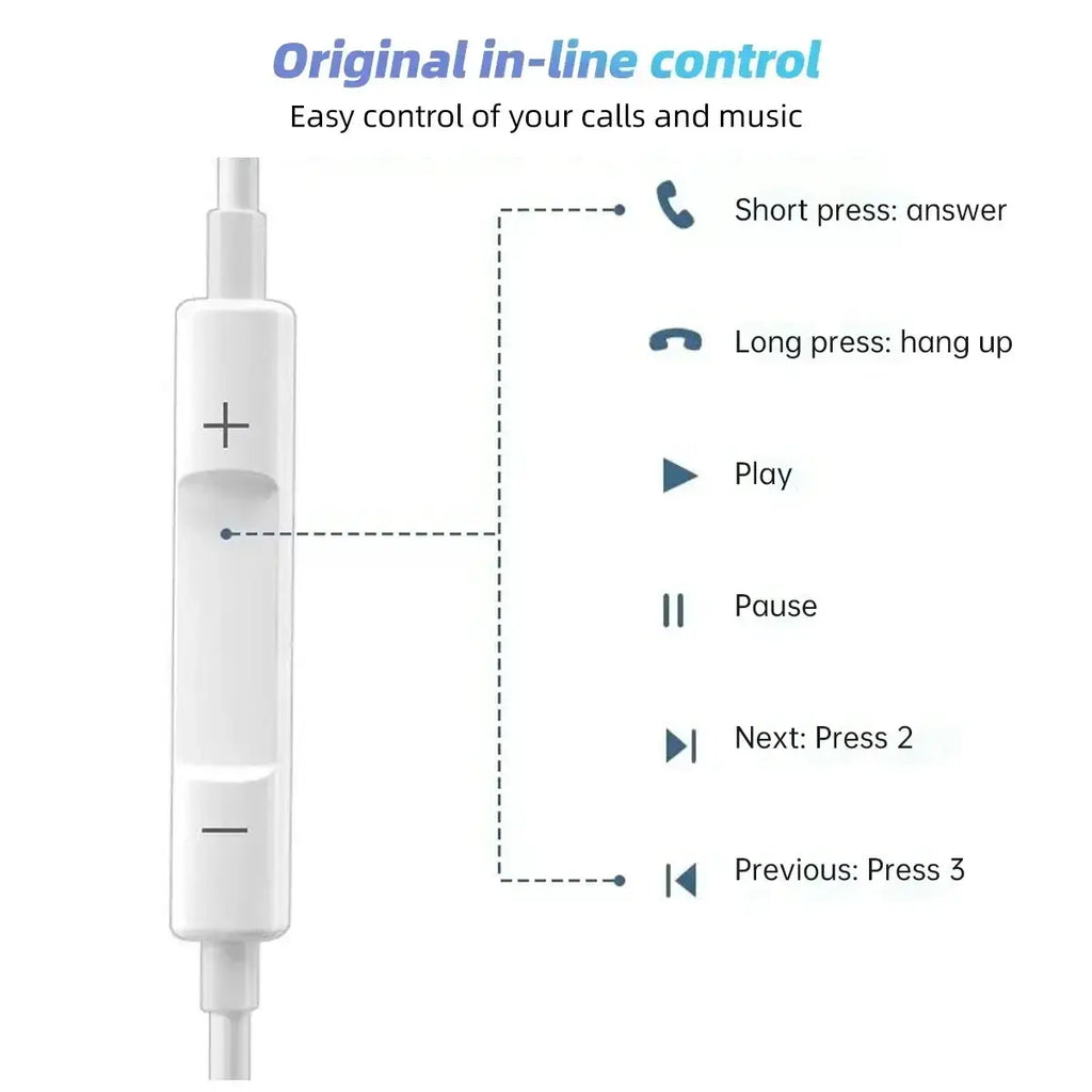 White usb c wired in-ear headphones with mic featuring sleek plastic inline control and volume plus minus buttons