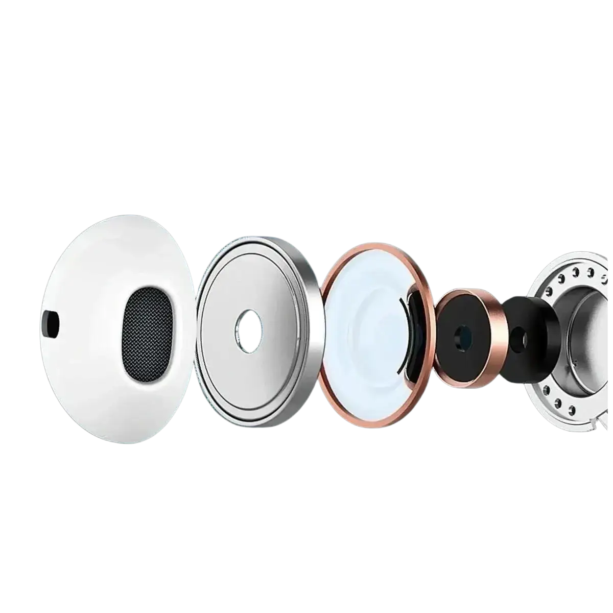 Usb c wired in-ear headphones with mic featuring white and rose gold circular components and metallic finishes