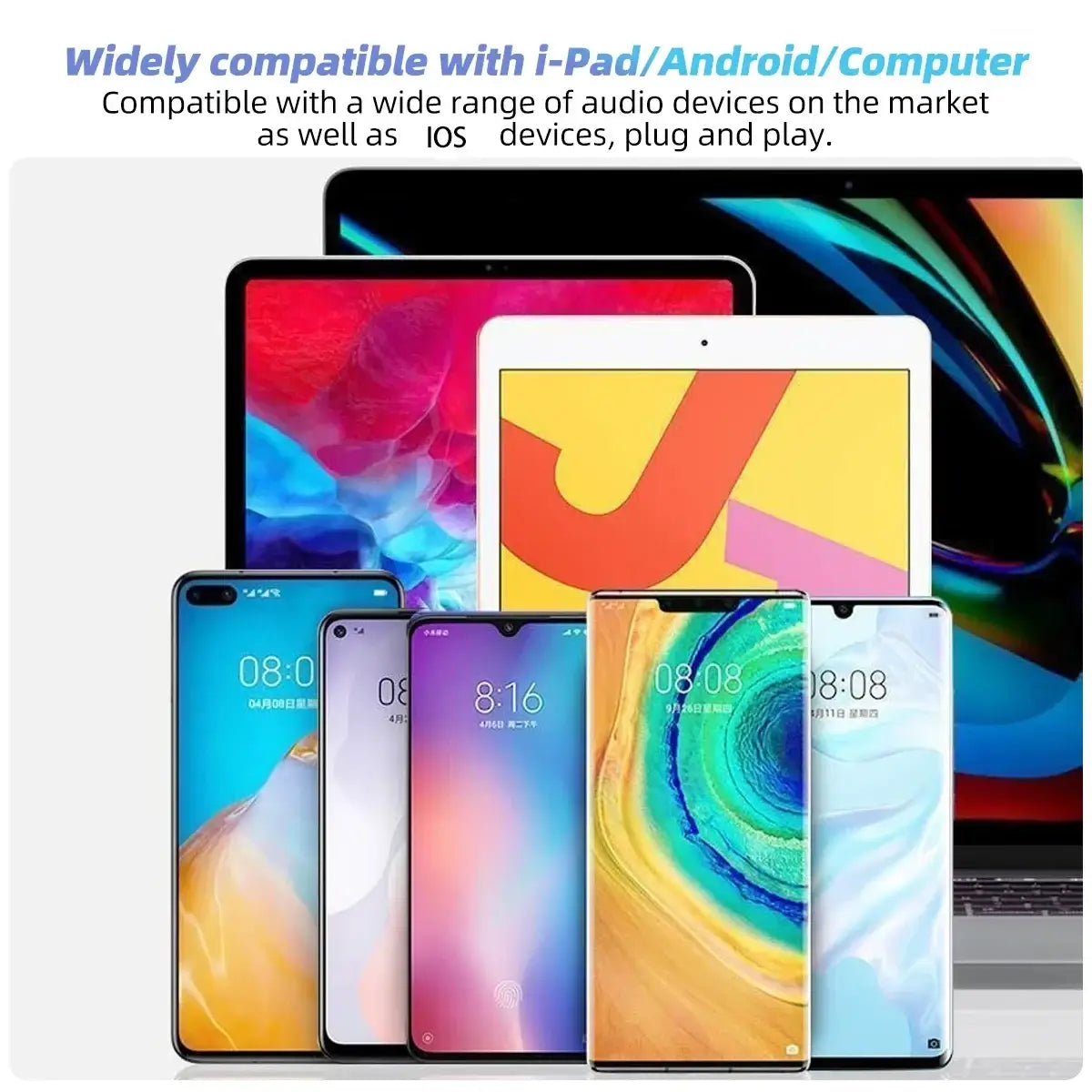 Wireless audio adapter designed for seamless connectivity with ipads android phones and computers in black plastic casing