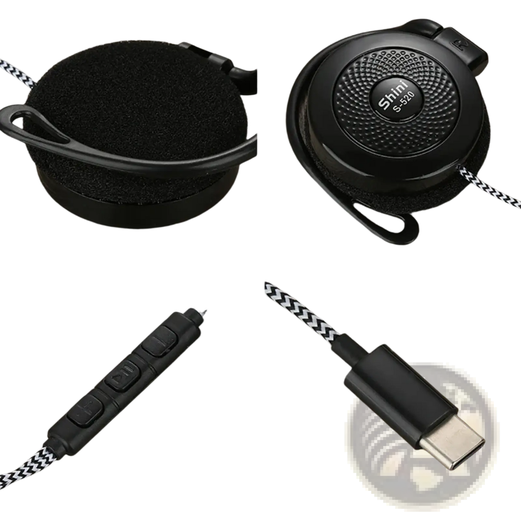 Black shim s-320 usb-c wired over-the-head headphones with textured design, foam cushions, and braided cable with controls