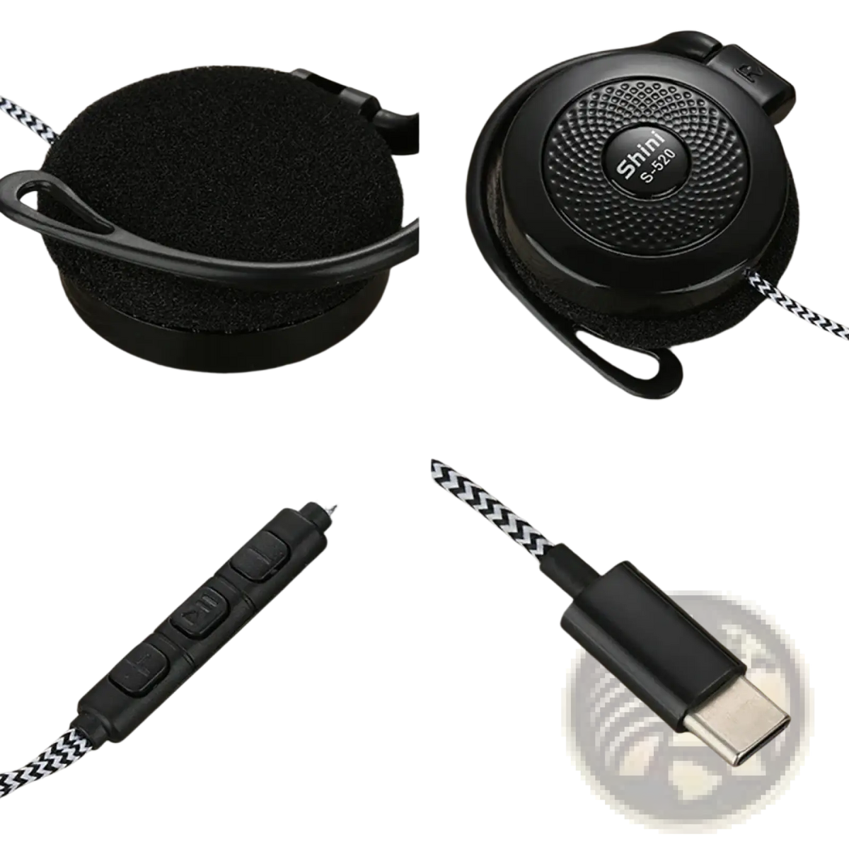 Black shim s-320 usb-c wired over-the-head headphones with textured design, foam cushions, and braided cable with controls
